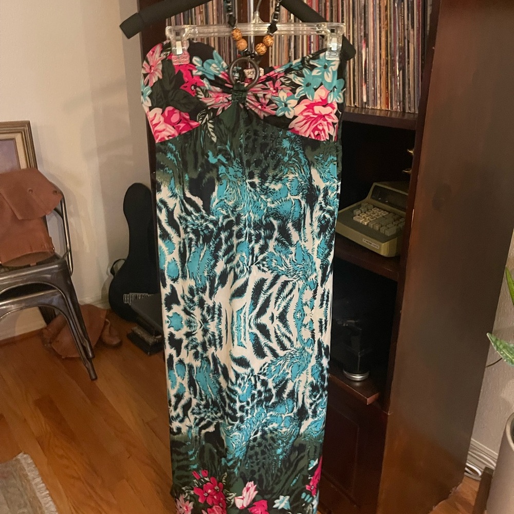 Floral and Animal Print Maxi Dress with Wooden Neck Piece